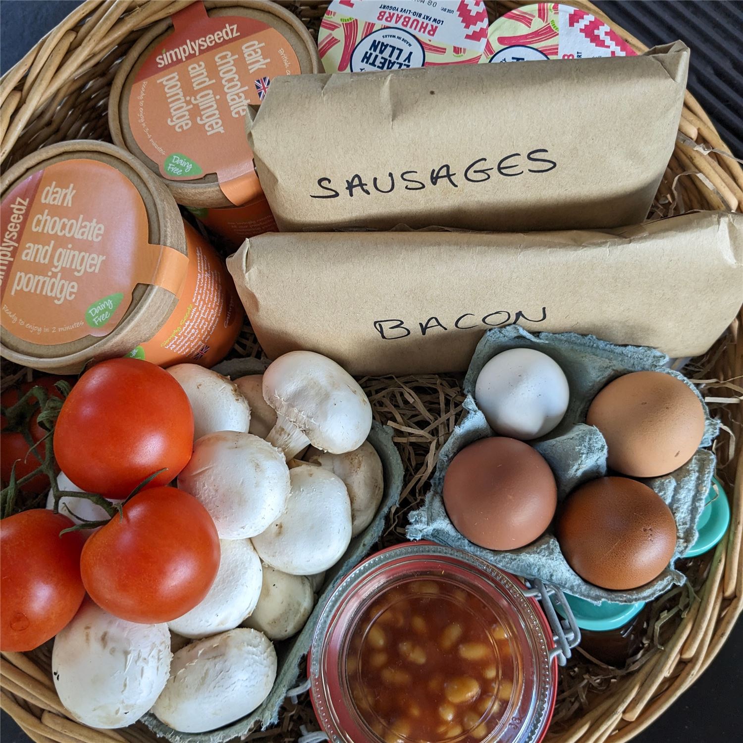 Local produce in a bespoke breakfast hamper. Full english plus. Enjoy!