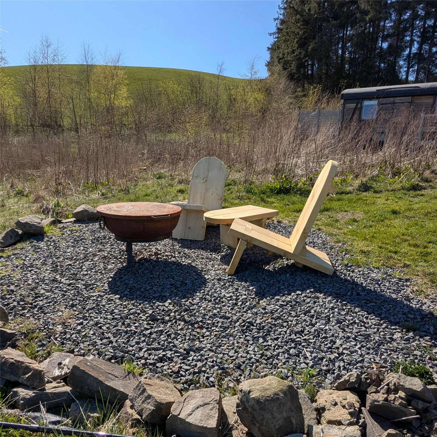 Fire pit area with Kadai firebowl and tripod. Outdoor eating with superb scenery Herefordshire border country